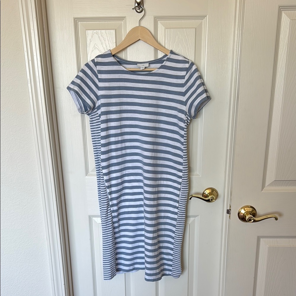 J. Jill Blue and White Sheath Midi Dress Casual Crew Neck